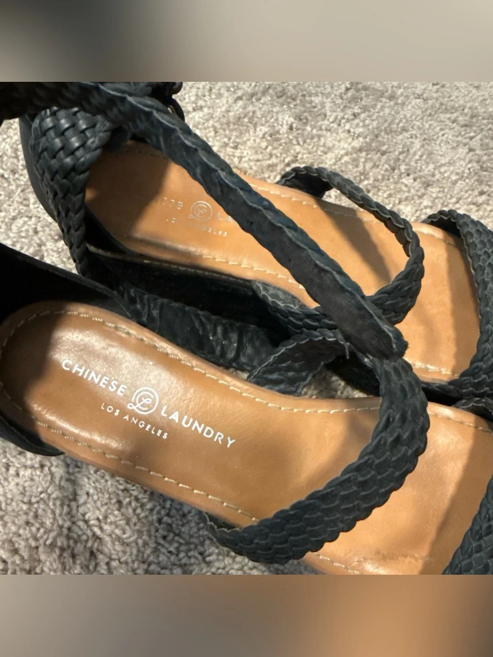 Chinese Laundry Black Braided Platform Sandals with Ankle Strap
